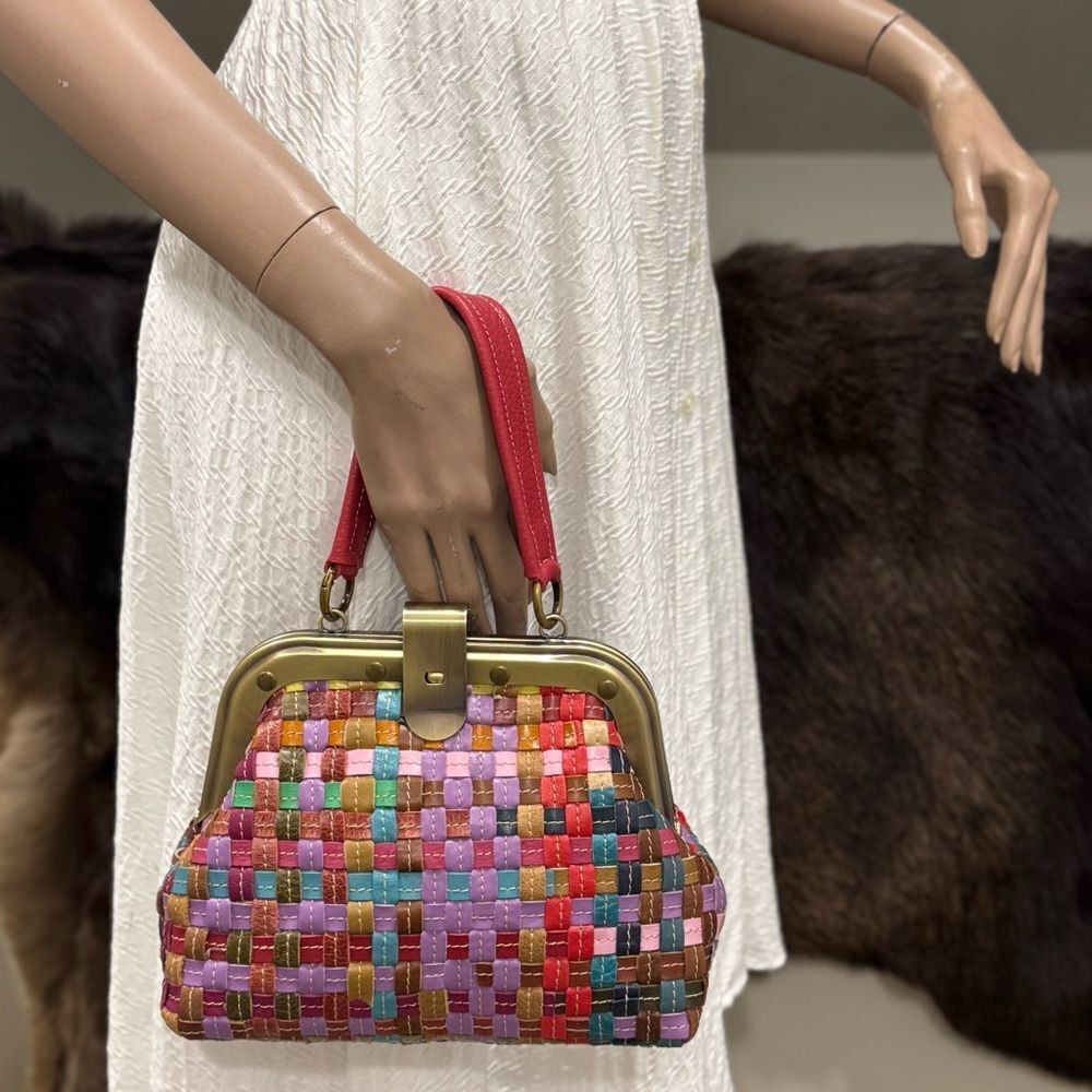 Colorful Woven Cowhide Leather Retro Metal Frame & Push Lock Handbag, Crossbody - Picture 3 of 14